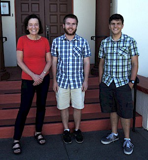 Barbara Burger, left, and scholarship recipients Luke Robinson, middle, and Cooper Clark, right